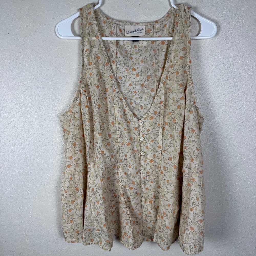 Universal Thread‎ Womens Floral Button Front Cotton Tank Top Cream Orange Size L